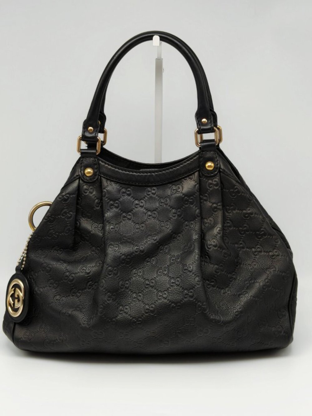 Gucci Sukey Black GG Embossed Leather Tote Bag Gold Hardware